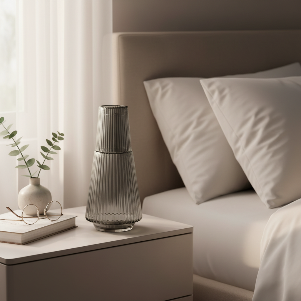 Gray ribbed glass carafe in serene bedroom setting