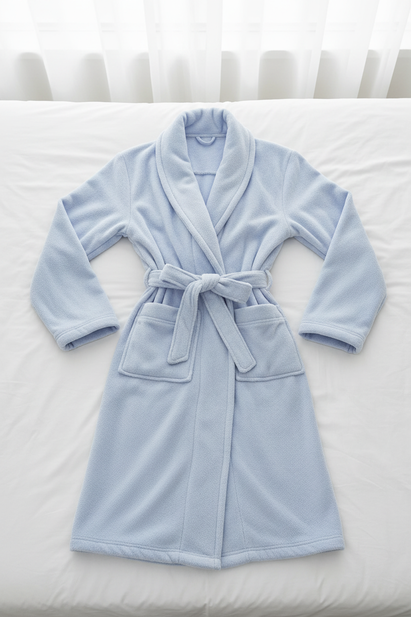 Light blue bathrobe flat lay