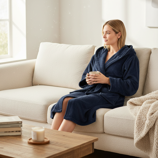 Navy blue plush hooded kimono robe