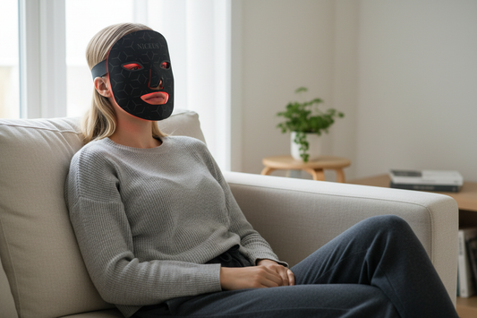Person using LED face mask naturally