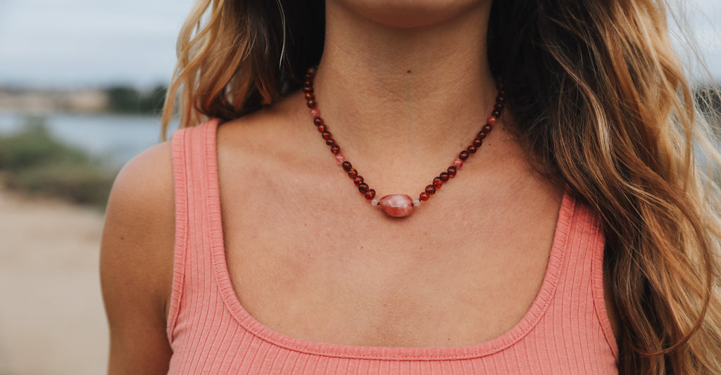 Baltic Amber Necklace with Rose Quartz - Handmade Cognac Amber Jewelry