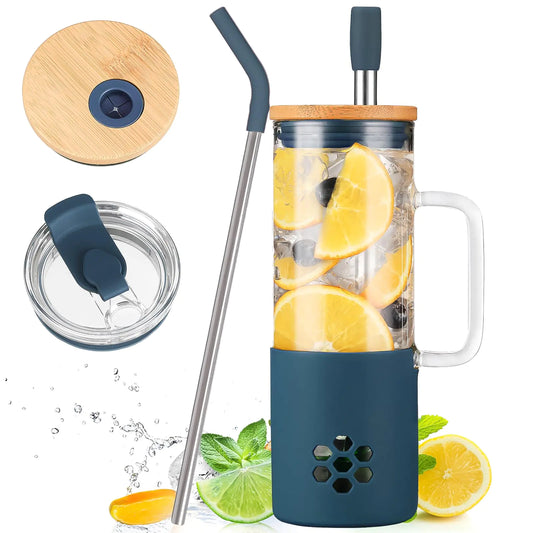 MUKOKO 20oz Glass Tumbler with Dual Lids and Straw