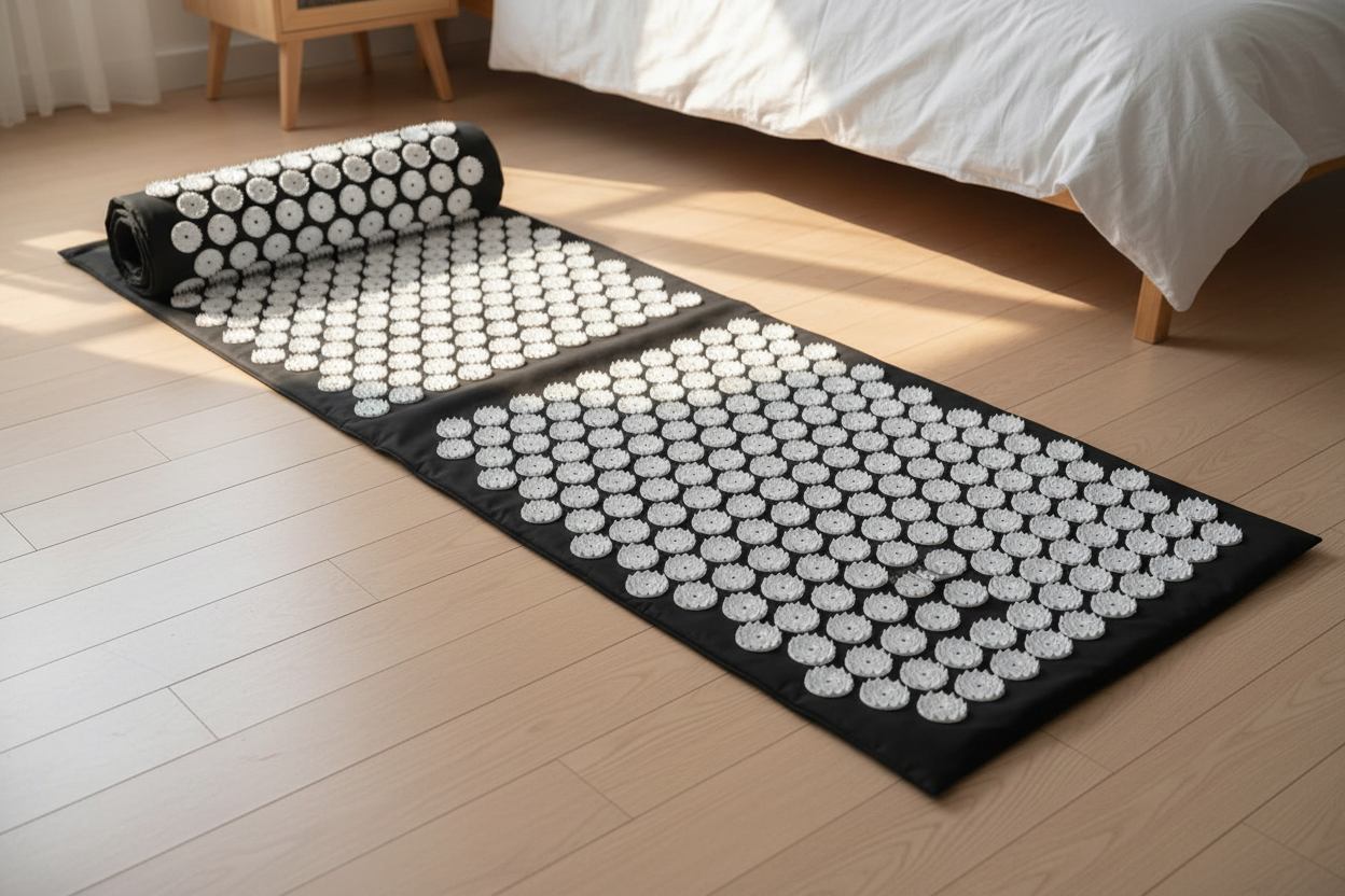 Acupressure mat and pillow set on bedroom floor