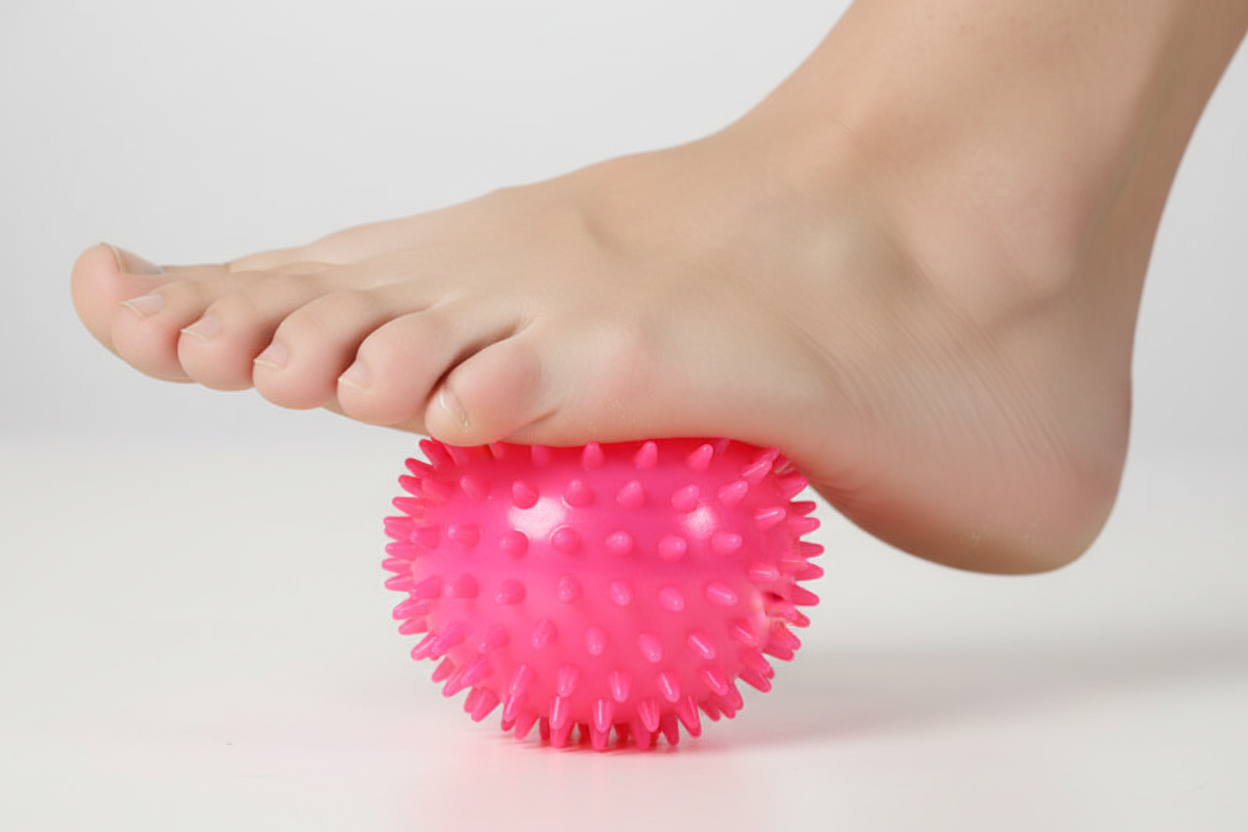 Close-up of foot using neon pink massage ball
