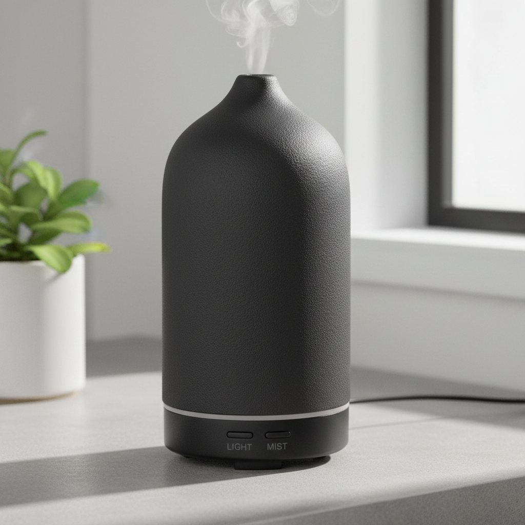 Dark diffuser with plant on left