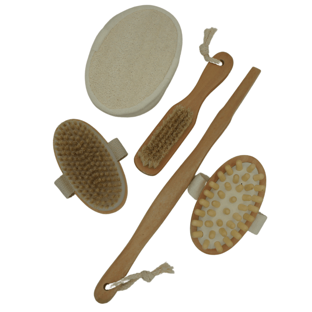 4-Piece Bath & Body Brush Set | Dry Brush, Loofah, Pumice Stone & Exfoliating Spa Tools