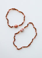 Baltic Amber Necklace with Rose Quartz - Handmade Cognac Amber Jewelry