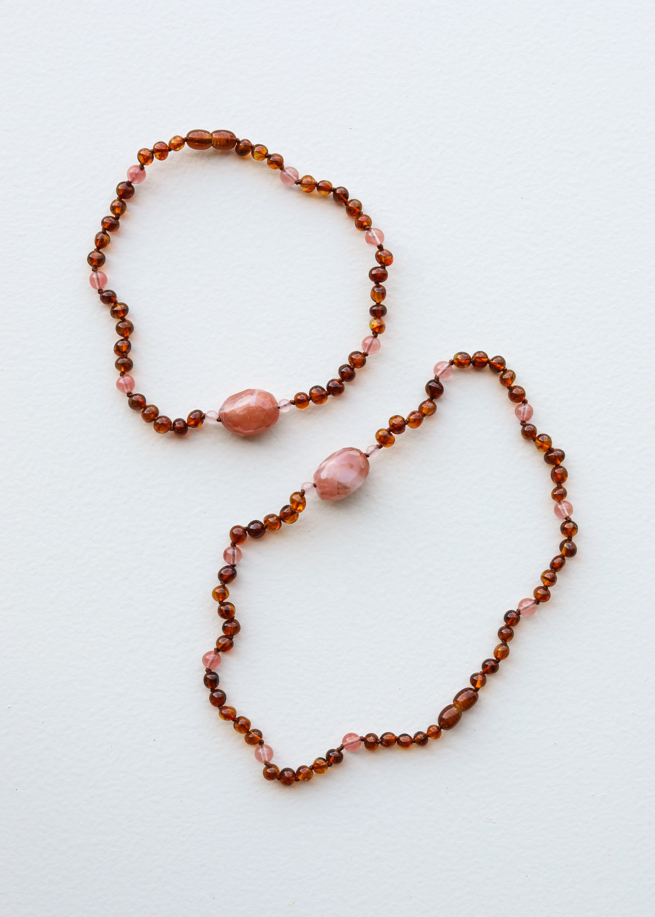Baltic Amber Necklace with Rose Quartz - Handmade Cognac Amber Jewelry