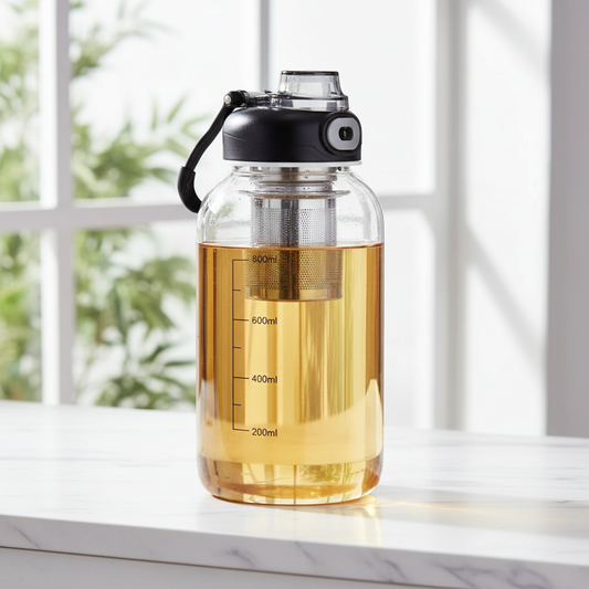 Glass tea infuser bottle lifestyle photo