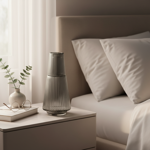 Gray ribbed glass carafe in serene bedroom setting