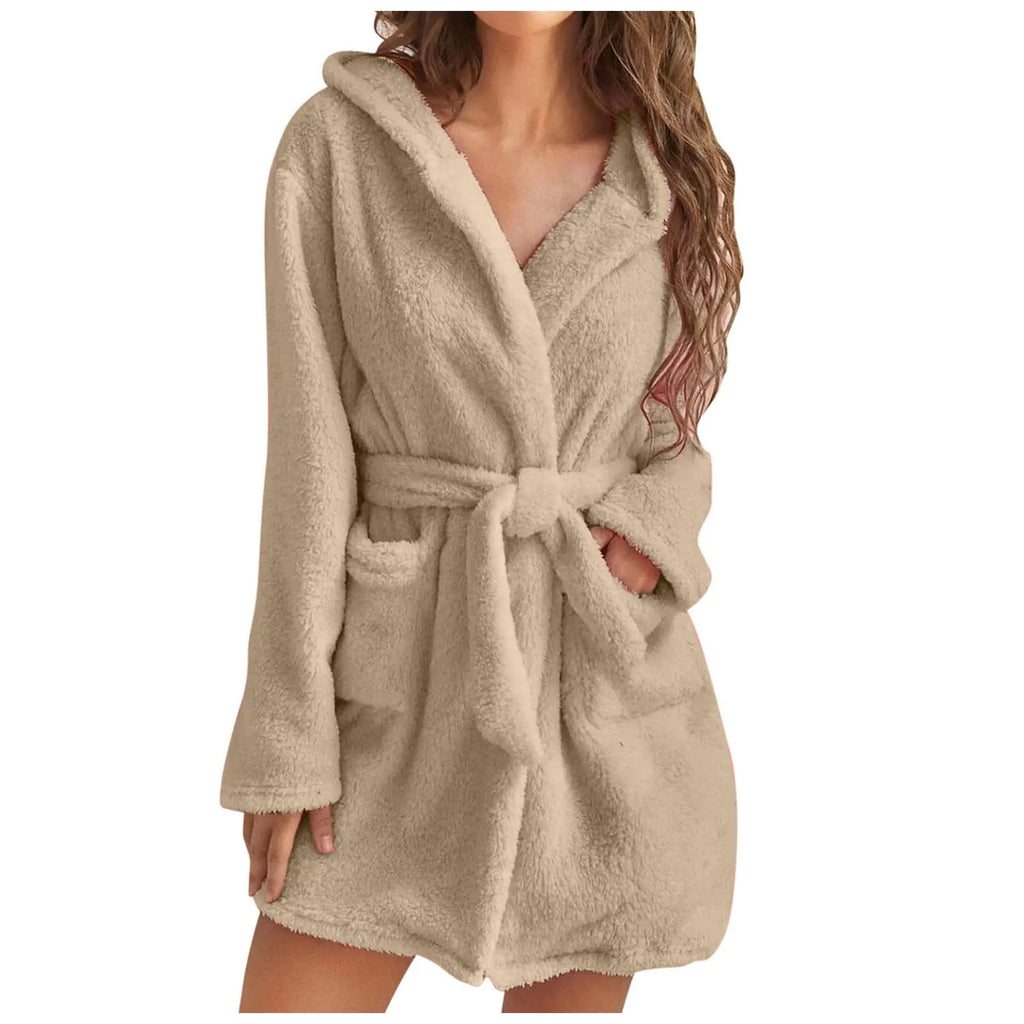 Women's Plush Hooded Robe with Pockets