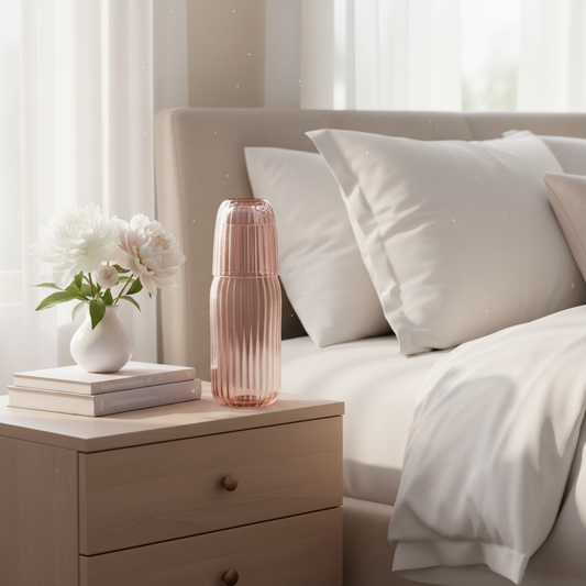 Pink ribbed glass carafe on elegant nightstand