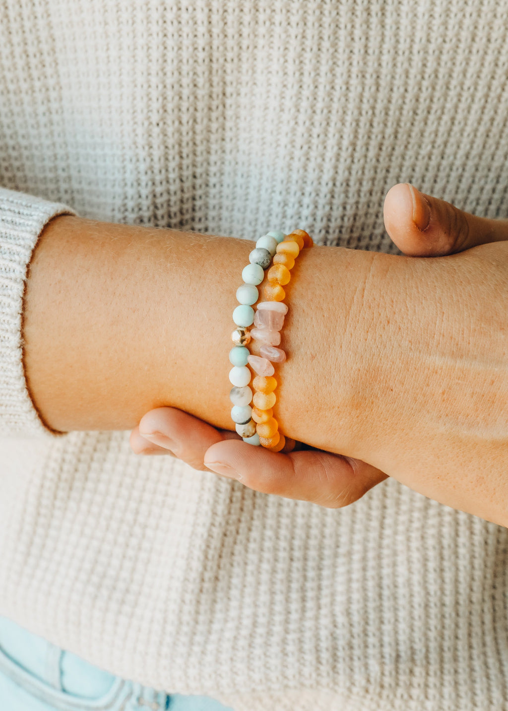 Raw Baltic Amber Bracelet with Rose Quartz - Handmade Bracelet