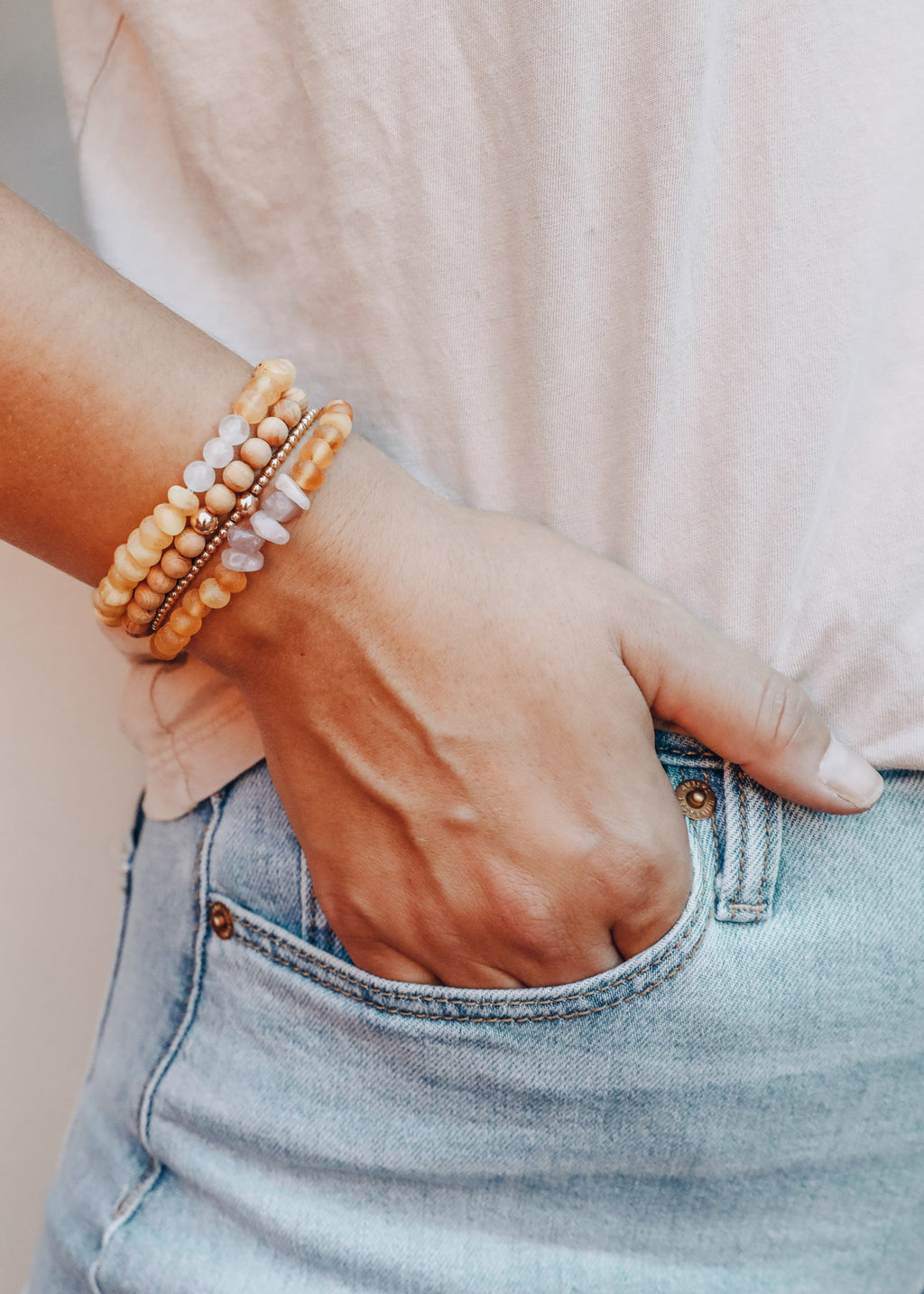 Raw Baltic Amber Bracelet with Rose Quartz - Handmade Bracelet
