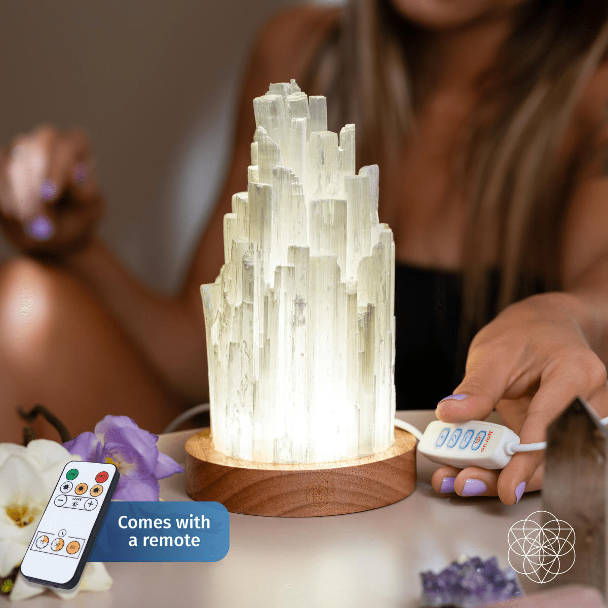 Selenite Crystal Lamp - 2 lb Natural Stone Night Light with Remote