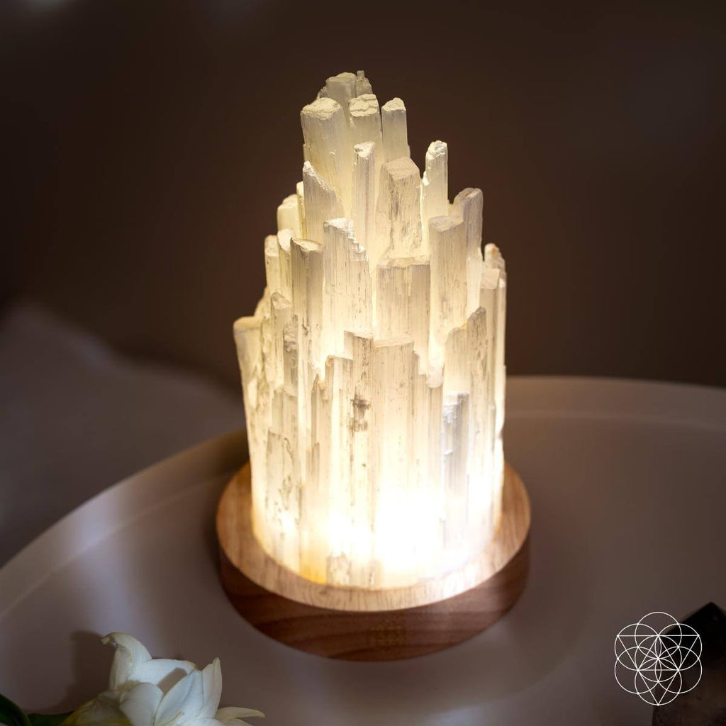 Selenite Crystal Lamp - 2 lb Natural Stone Night Light with Remote