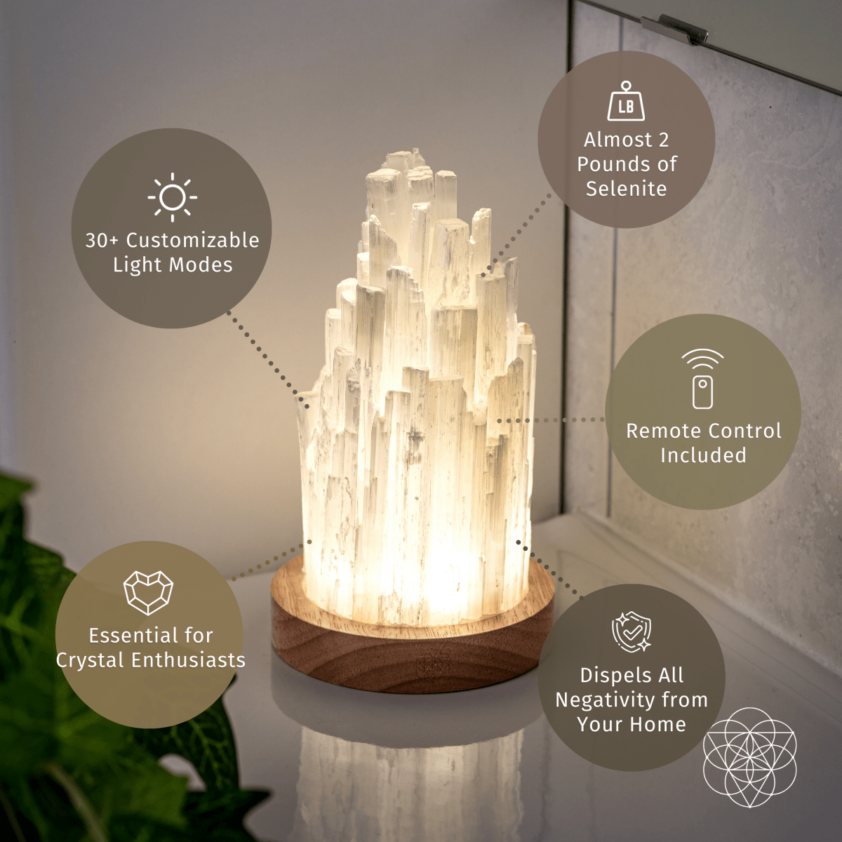 Selenite Crystal Lamp - 2 lb Natural Stone Night Light with Remote
