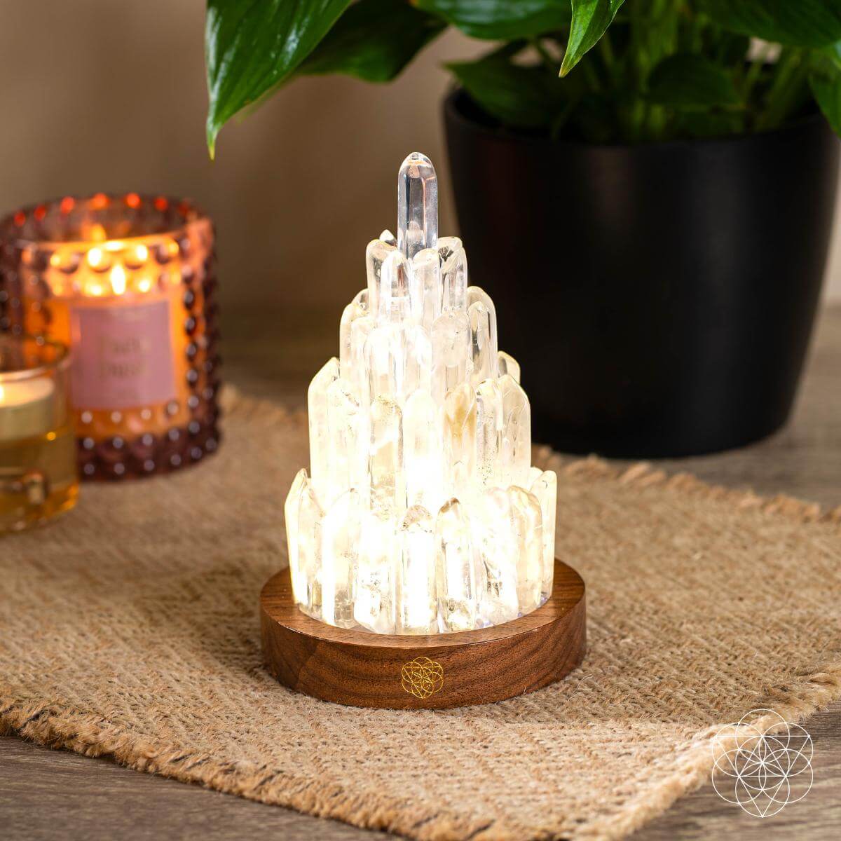 Clear Quartz Tower Night Light on wooden base