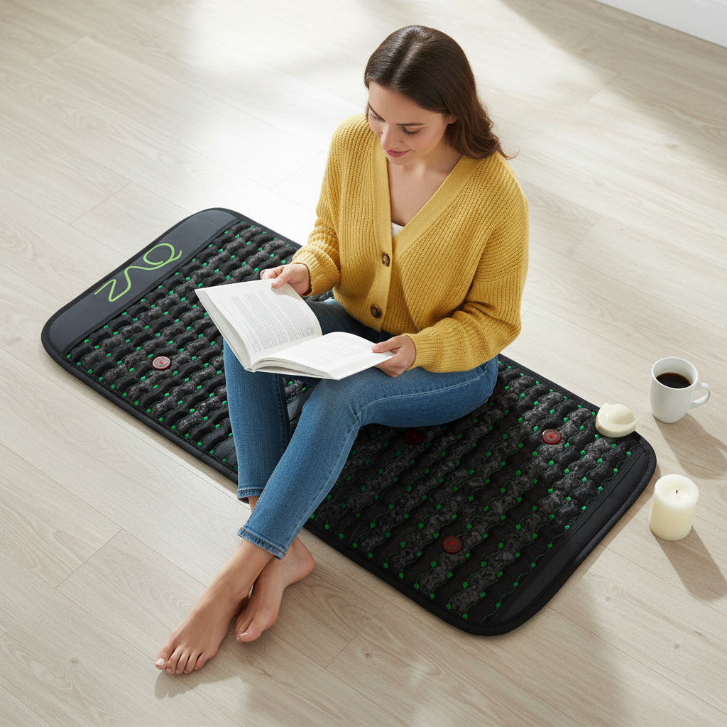 Woman reading on wellness mat