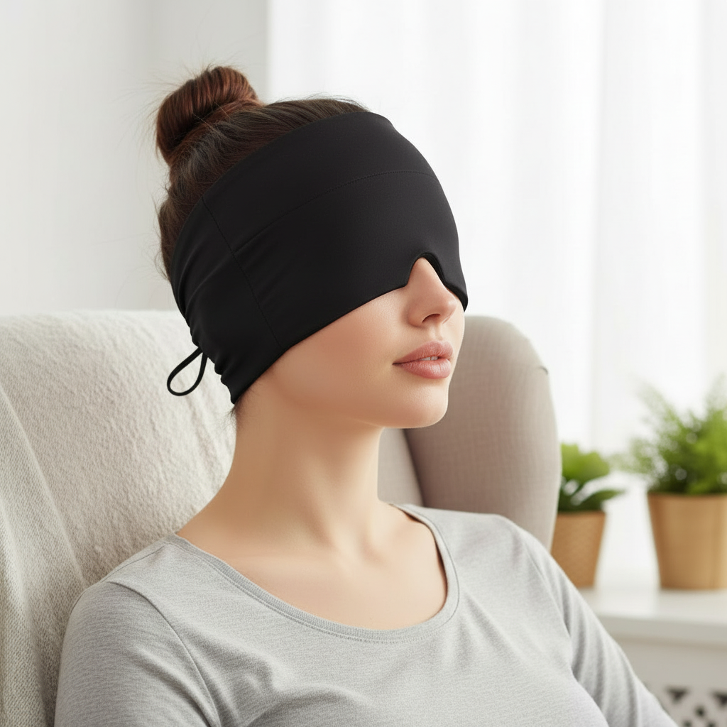 Woman Wearing Black Gel Ice Head Wrap Cap