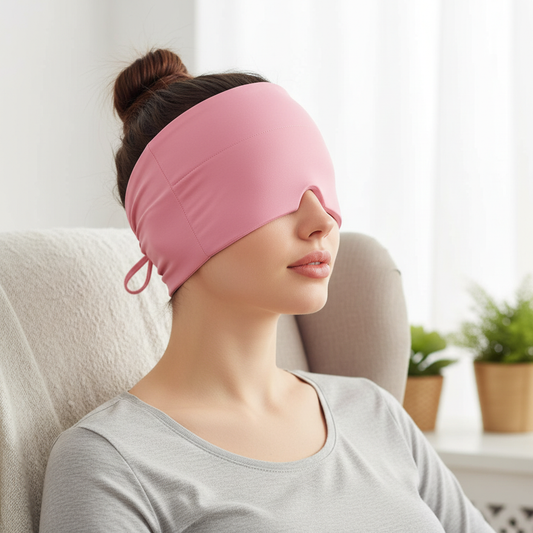 Woman Wearing Pink Gel Ice Head Wrap Cap